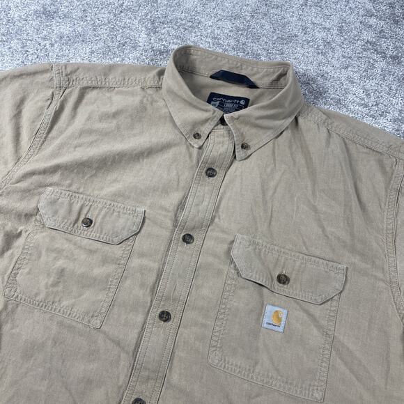 Carhartt Button Down Shirt Mens 2XL Loose Fit Short Sleeve Workwear Tan XXL - Picture 1 of 9